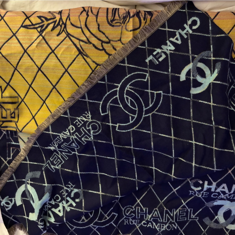 CHANEL Midnight blue, baby blue floeal, yellow and orange tones long Scarf - Picture 3 of 3